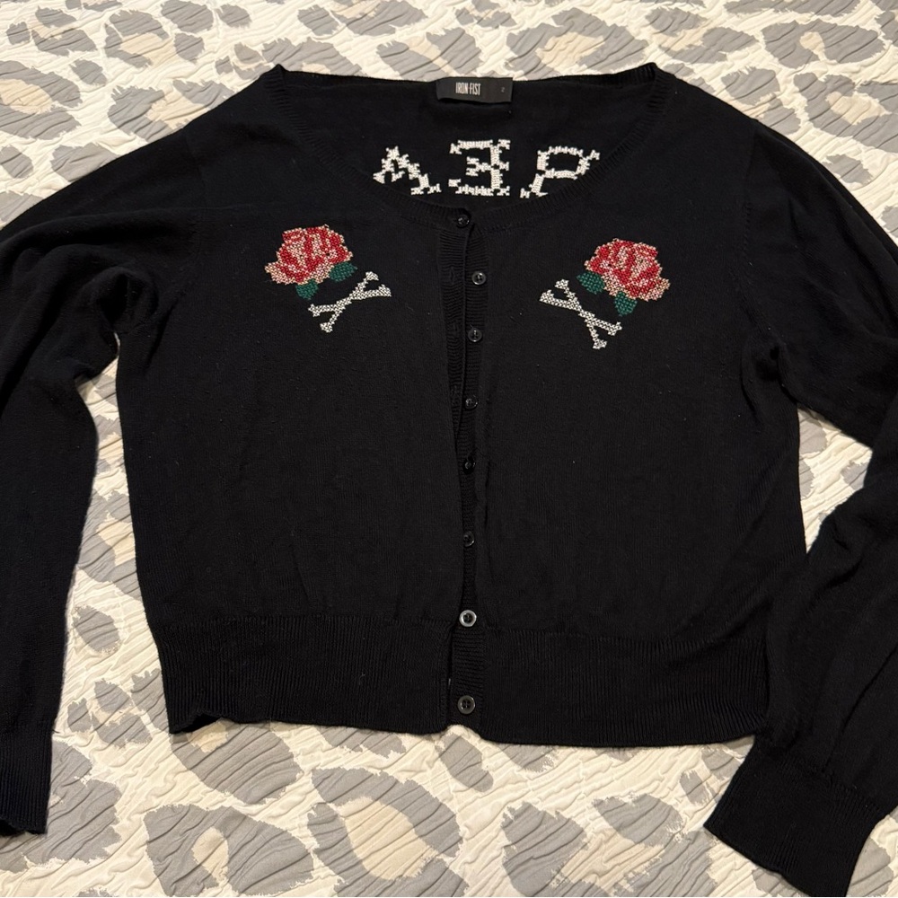 Iron Fist Black Cardigan with Rose Embroidery